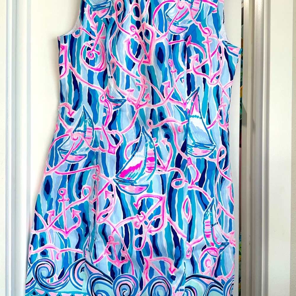 Lilly Pulitzer Mila Stretch Shift - Skim Blue Reel Nauti Engineered Woven Dress.